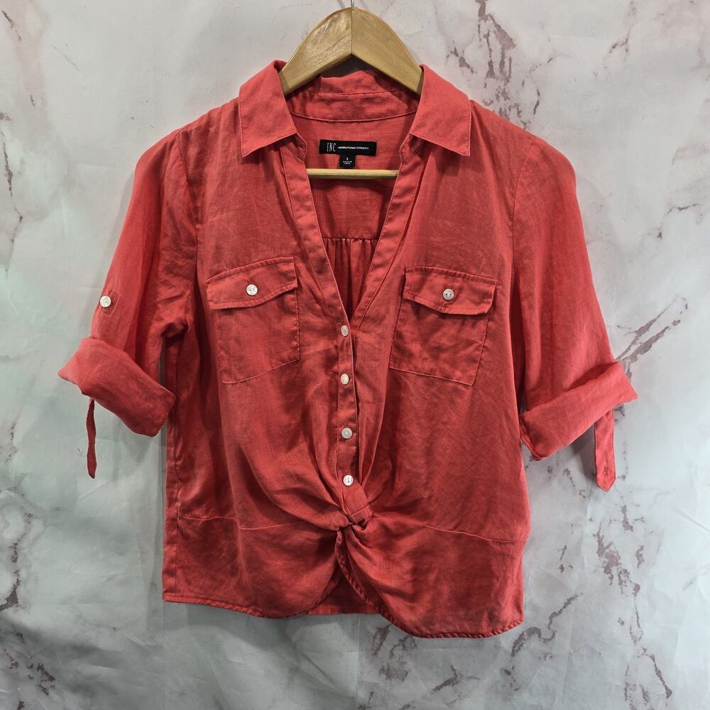 Inc Shirt Womens Small Pink Coral Linen Roll Up Button Notch Twist Knot 3/4